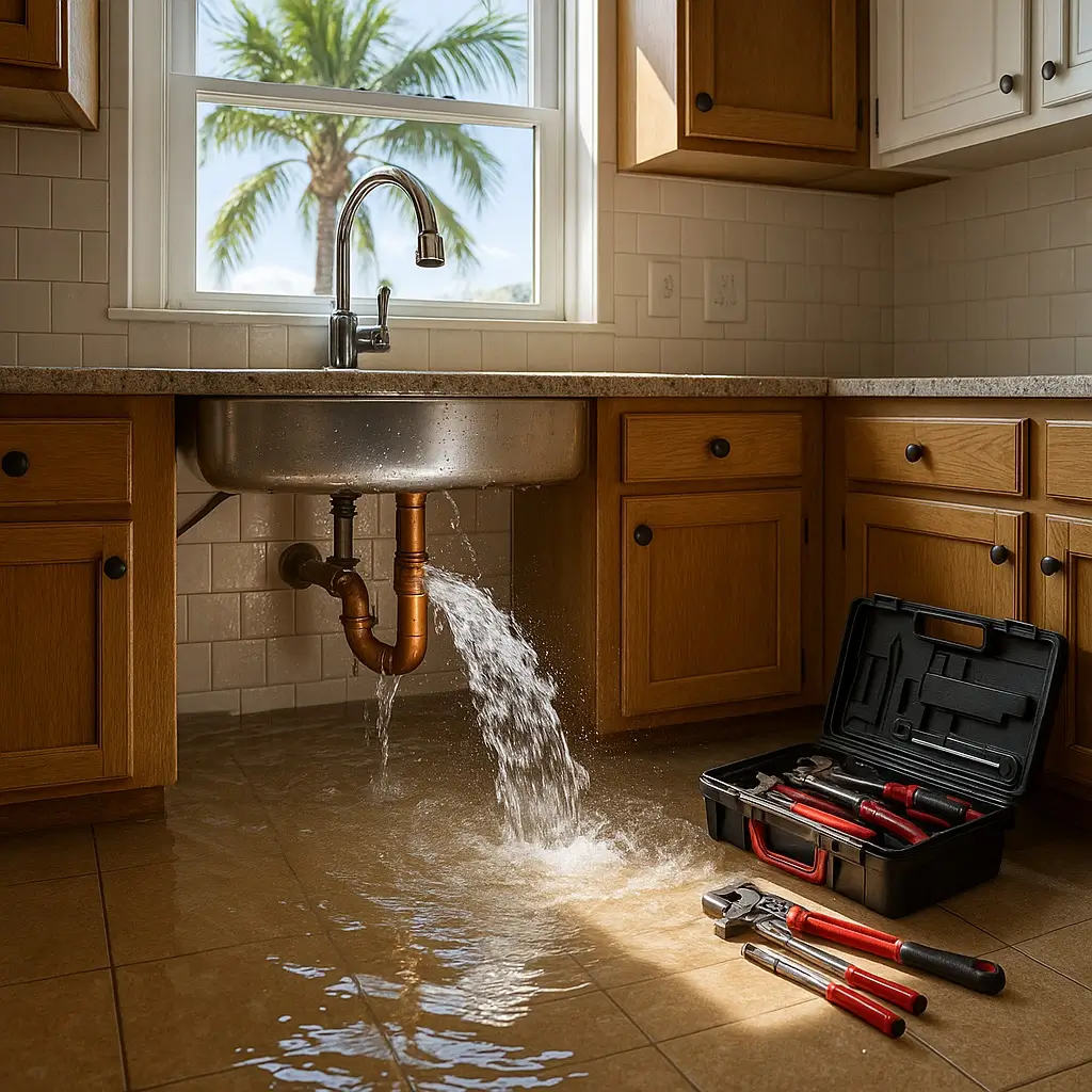 Photo of a Florida kitchen floor flooding from a burst copper pipe beneath the sink, with sunlight streaming through a window that frames a palm tree, and an open plumber’s tool kit on the tiles.